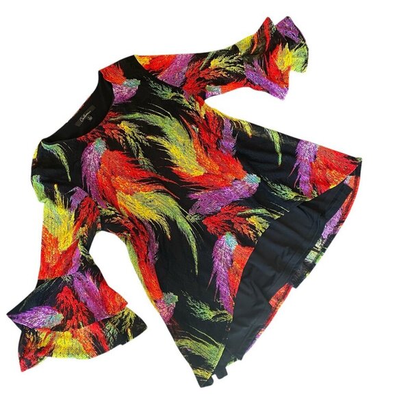 Calessa Colorful BOHO Layered Top Bell Ruffle Sleeve Sz L Feather Print #342D - Picture 1 of 8